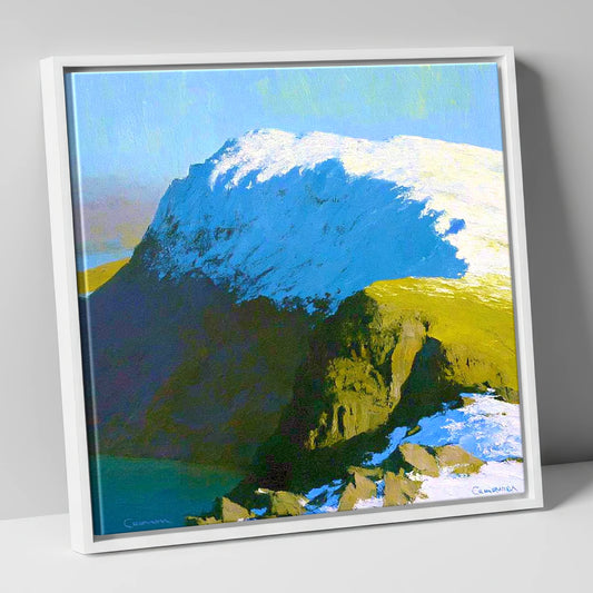 Snowy Ridge on Grey Friar lake district fell canvas wall art in white frame