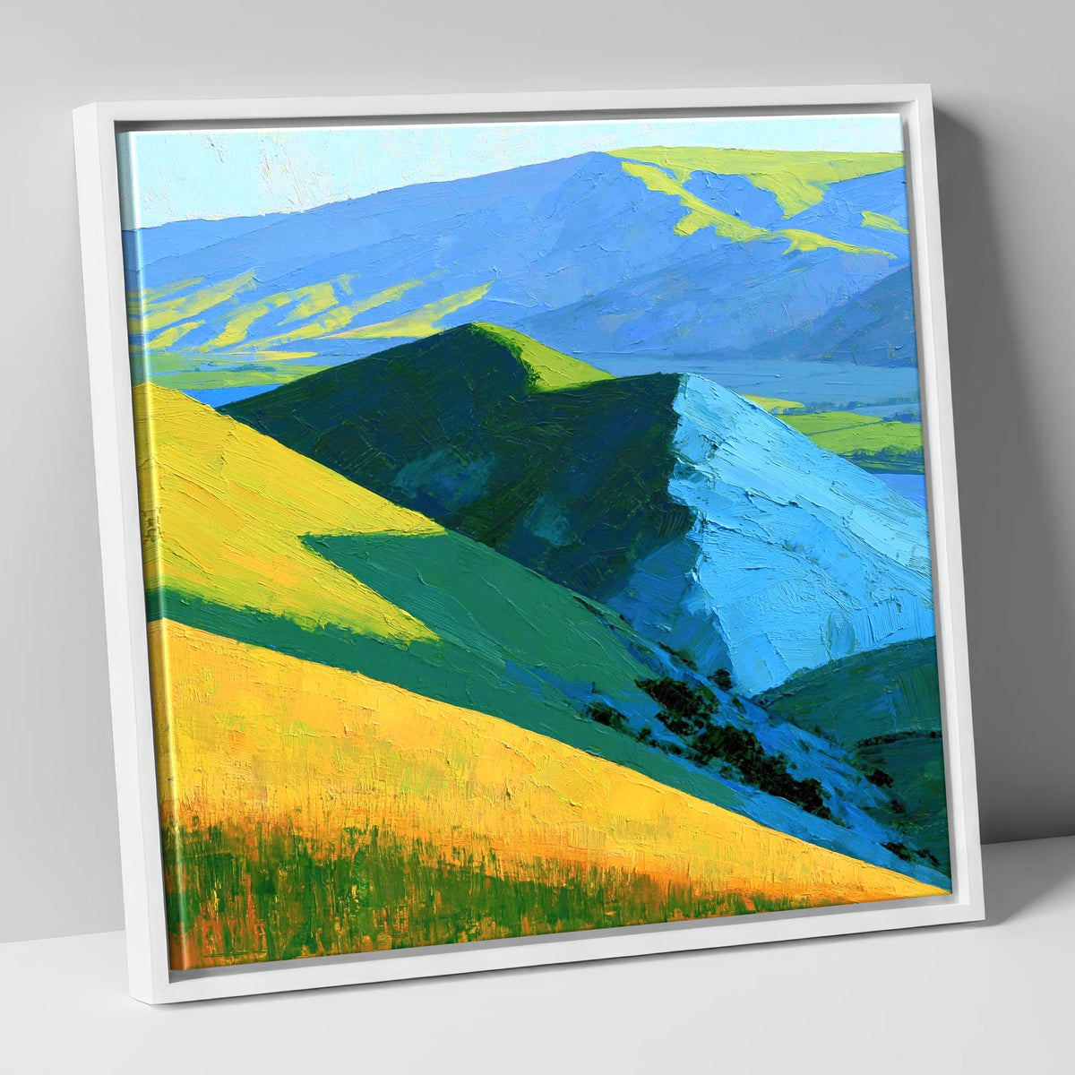 Vibrant Sunlit Fells and Deep Blue Shadows lake district sky canvas wall art in white frame