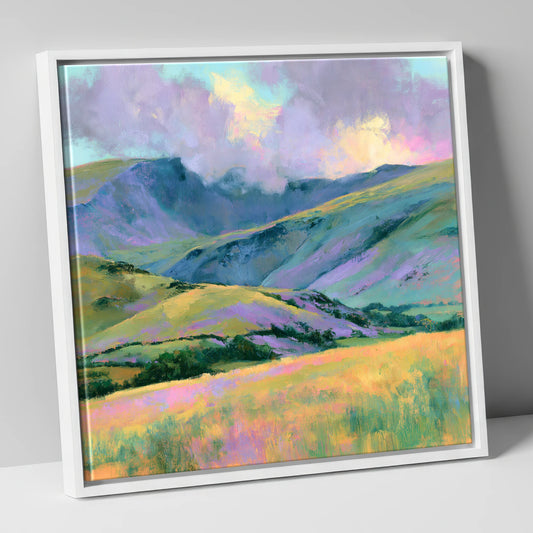 Lavender and Gold Rolling Fells lake district fell canvas wall art in white frame