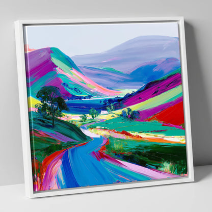 Vibrant Rolling Fells and Valley lake district fell canvas wall art in white frame