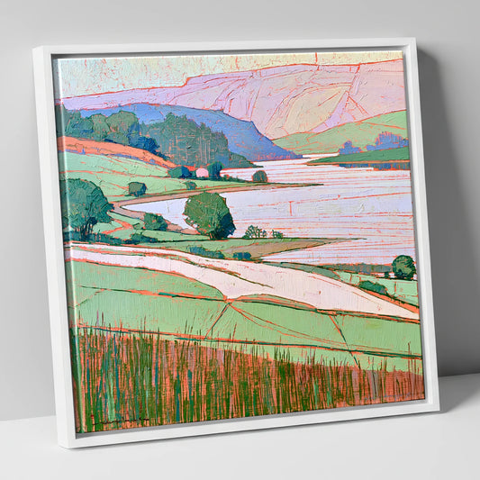 Vibrant Lake And Pastel Fells lake district lake canvas wall art in white frame