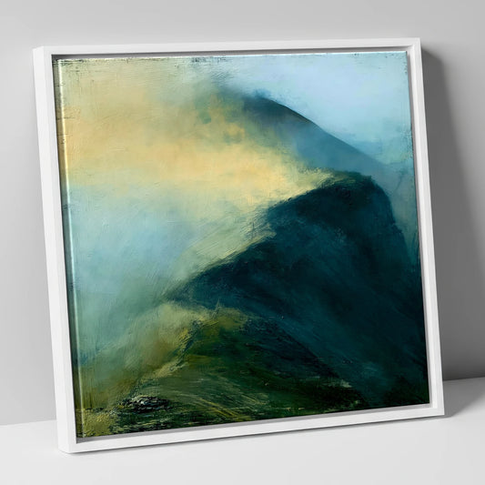 Dramatic Misty Mountain Ridge lake district fell canvas wall art in white frame