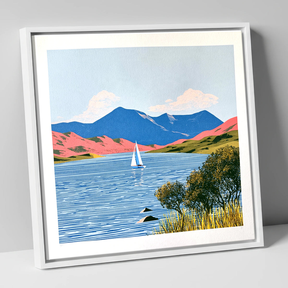 Vibrant Fells Over Coniston Water lake district lake canvas wall art in white frame
