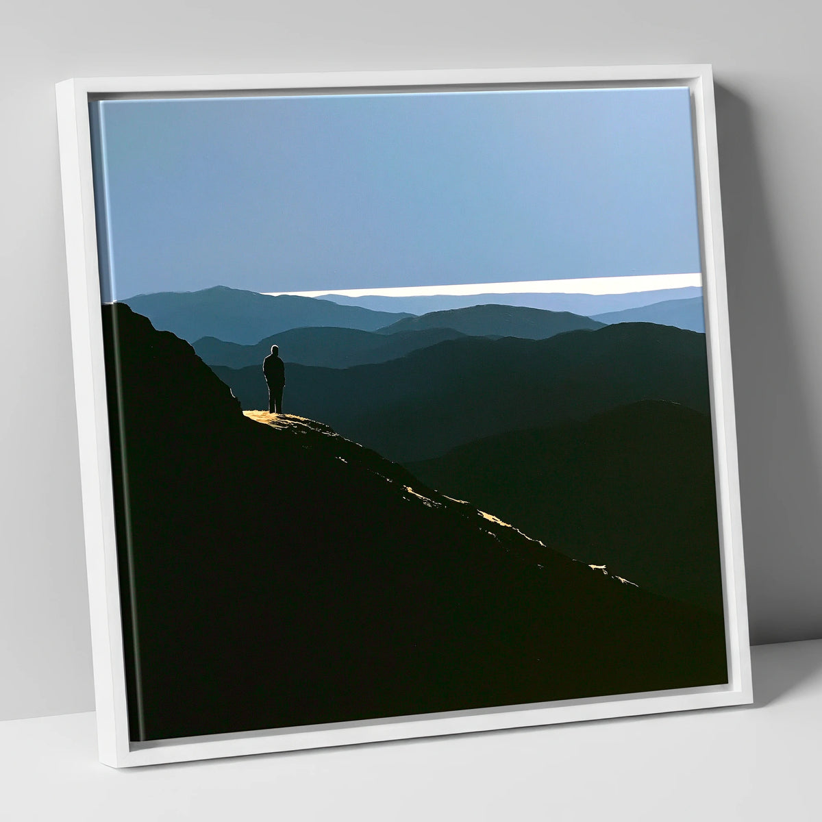 Summit View Across Blue Fells lake district fell canvas wall art in white frame