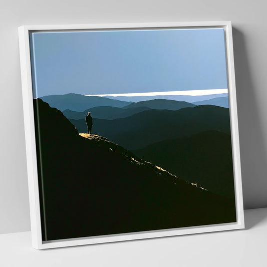 Summit View Across Blue Fells lake district fell canvas wall art in white frame