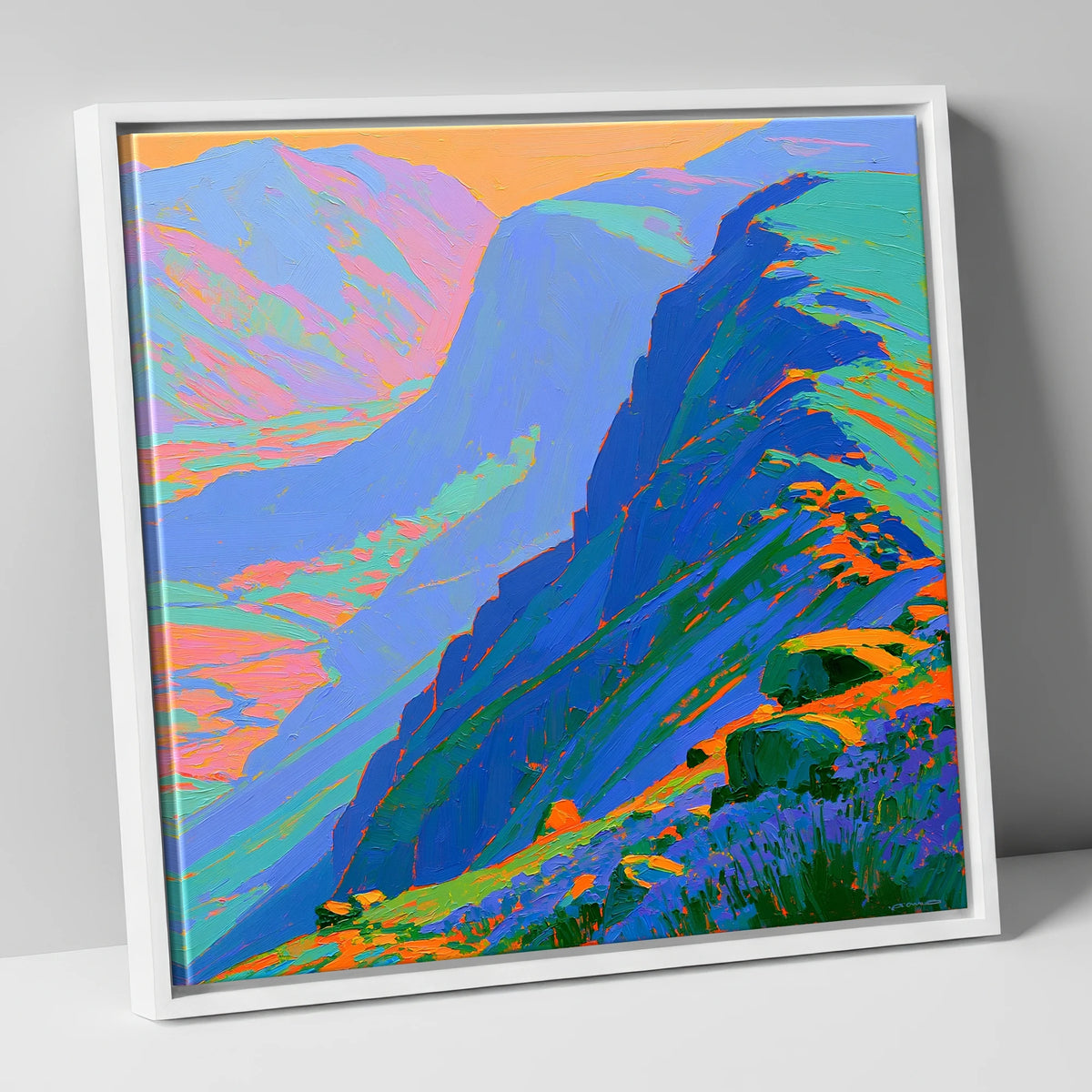 Electric Blue Mountain Ridge lake district fell canvas wall art in white frame