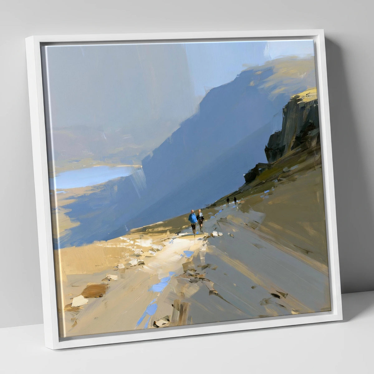 Fell Walkers on a High Path lake district walking canvas wall art in white frame
