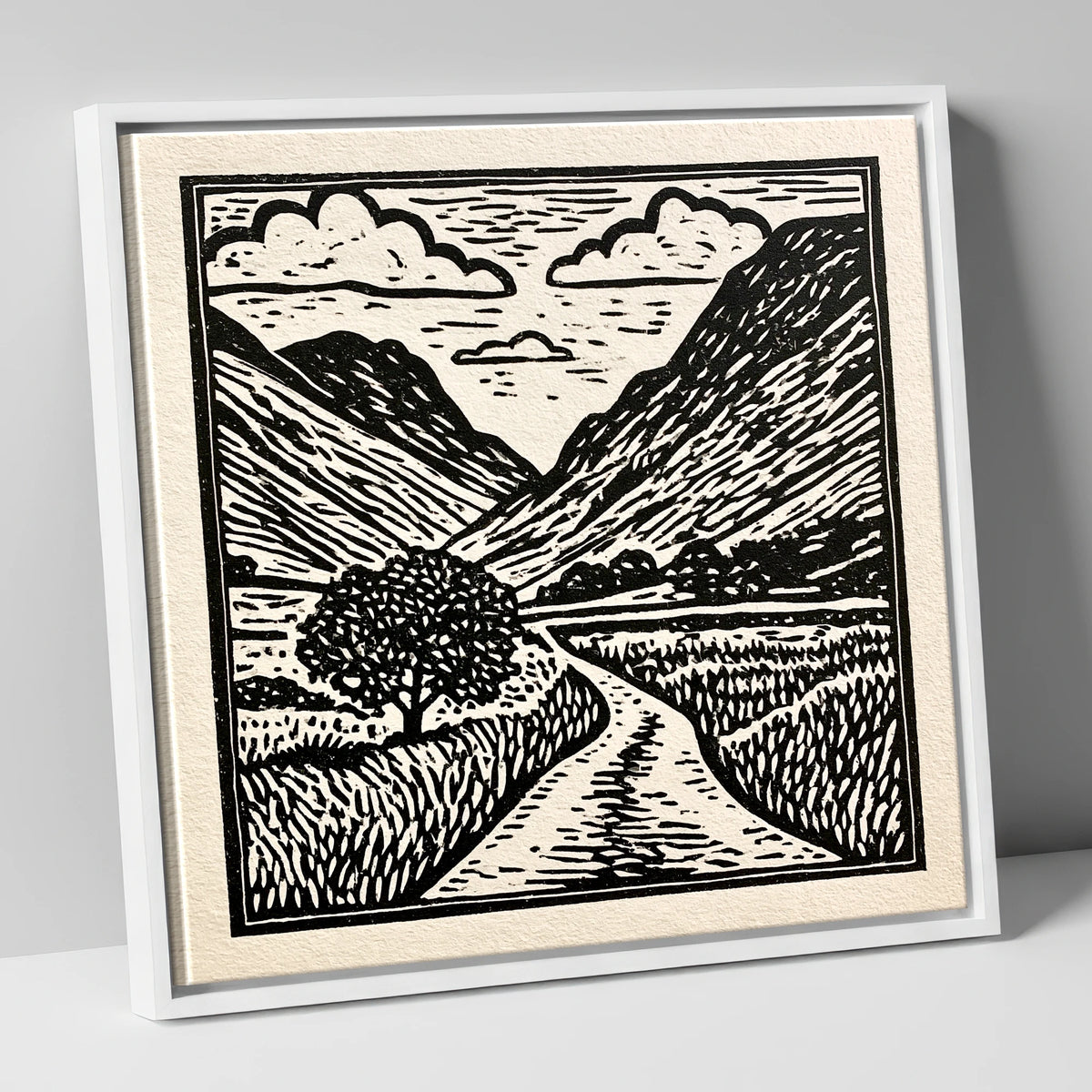Monochrome Hardknott Pass Landscape lake district valley canvas wall art in white frame