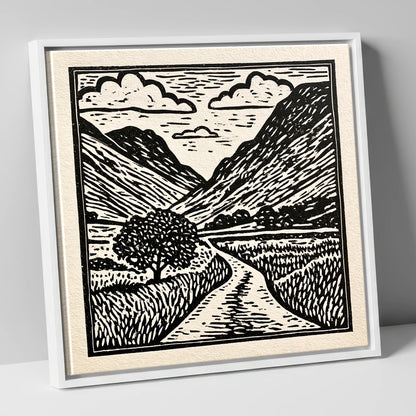 Monochrome Hardknott Pass Landscape lake district valley canvas wall art in white frame