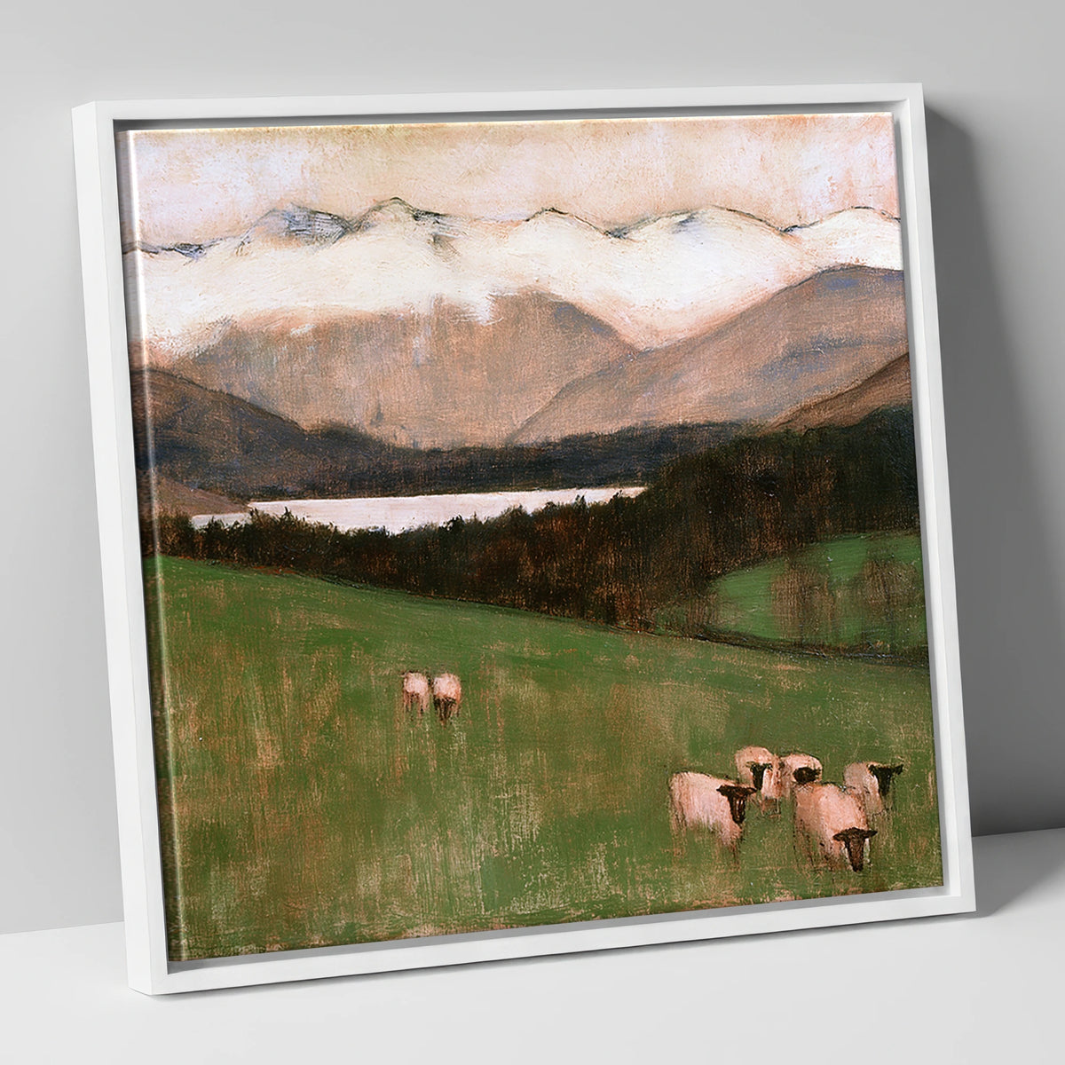 Hawkshead Pasture in Warm Light lake district village canvas wall art in white frame