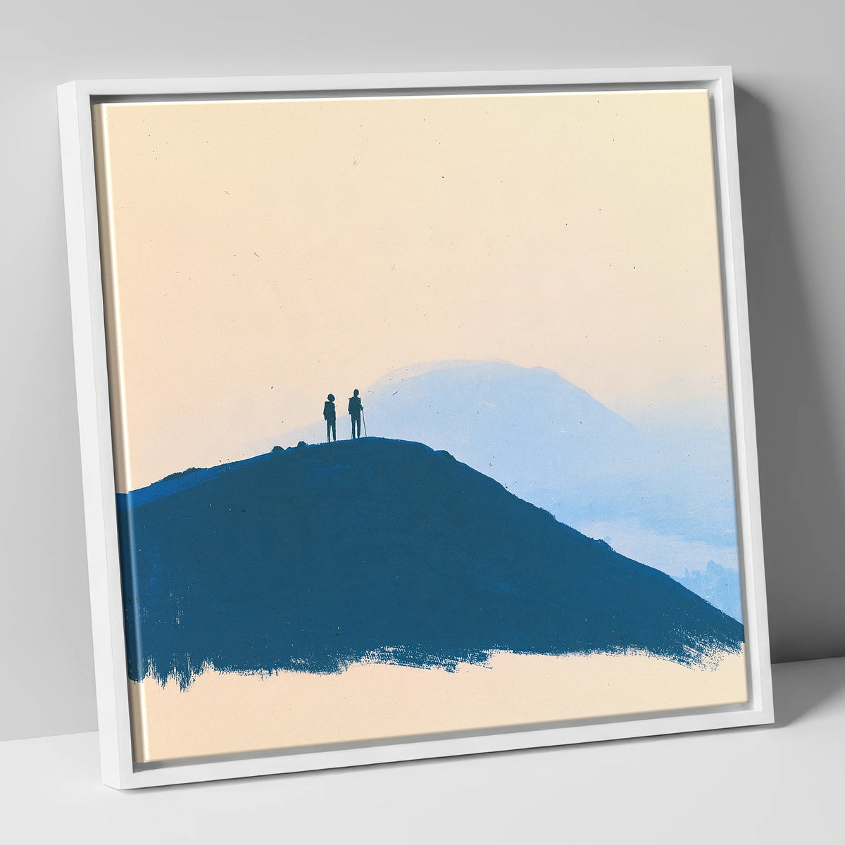 Silhouetted Hikers on Blue Fells lake district fell canvas wall art in white frame