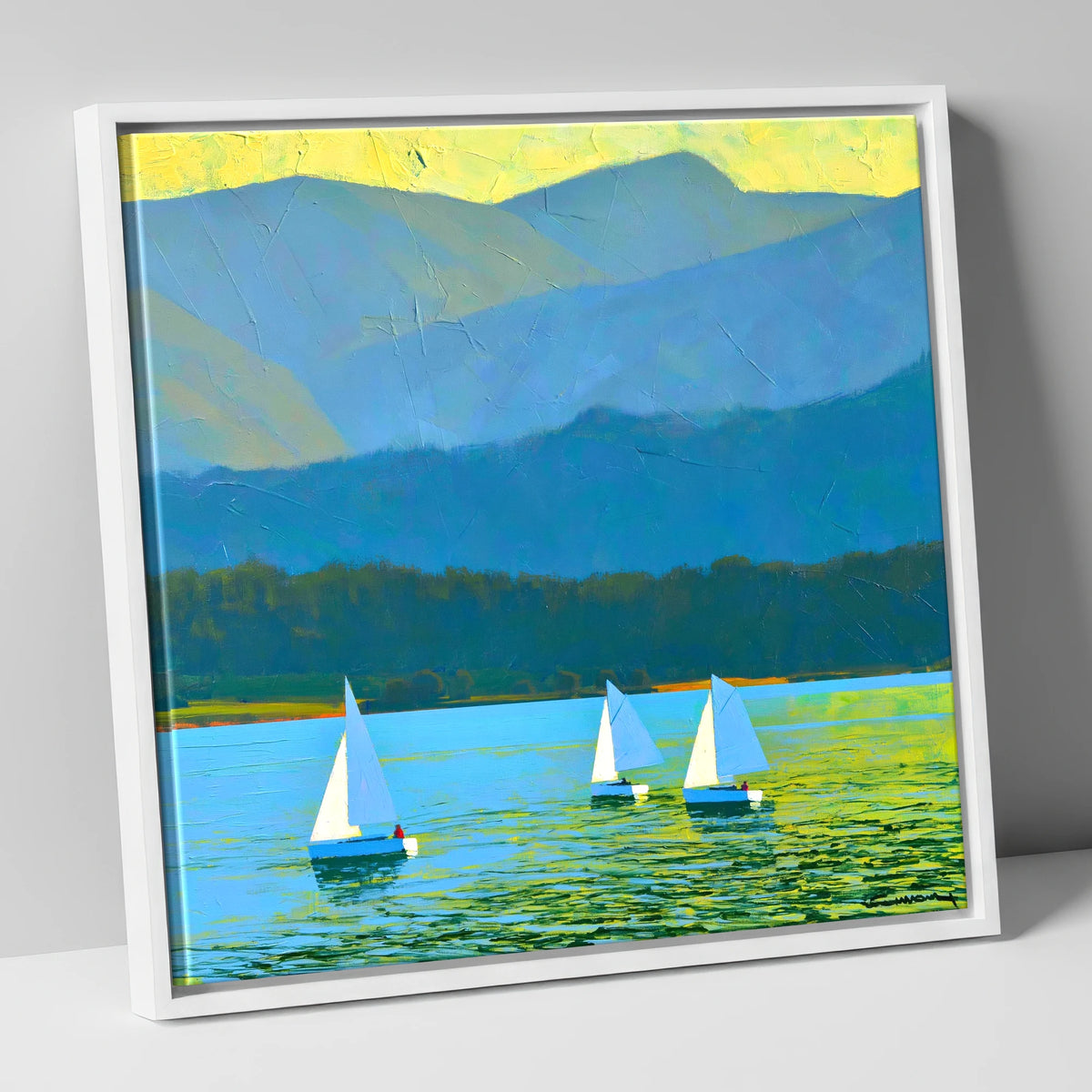 Windermere Sailboats Against Blue Fells lake district lake canvas wall art in white frame