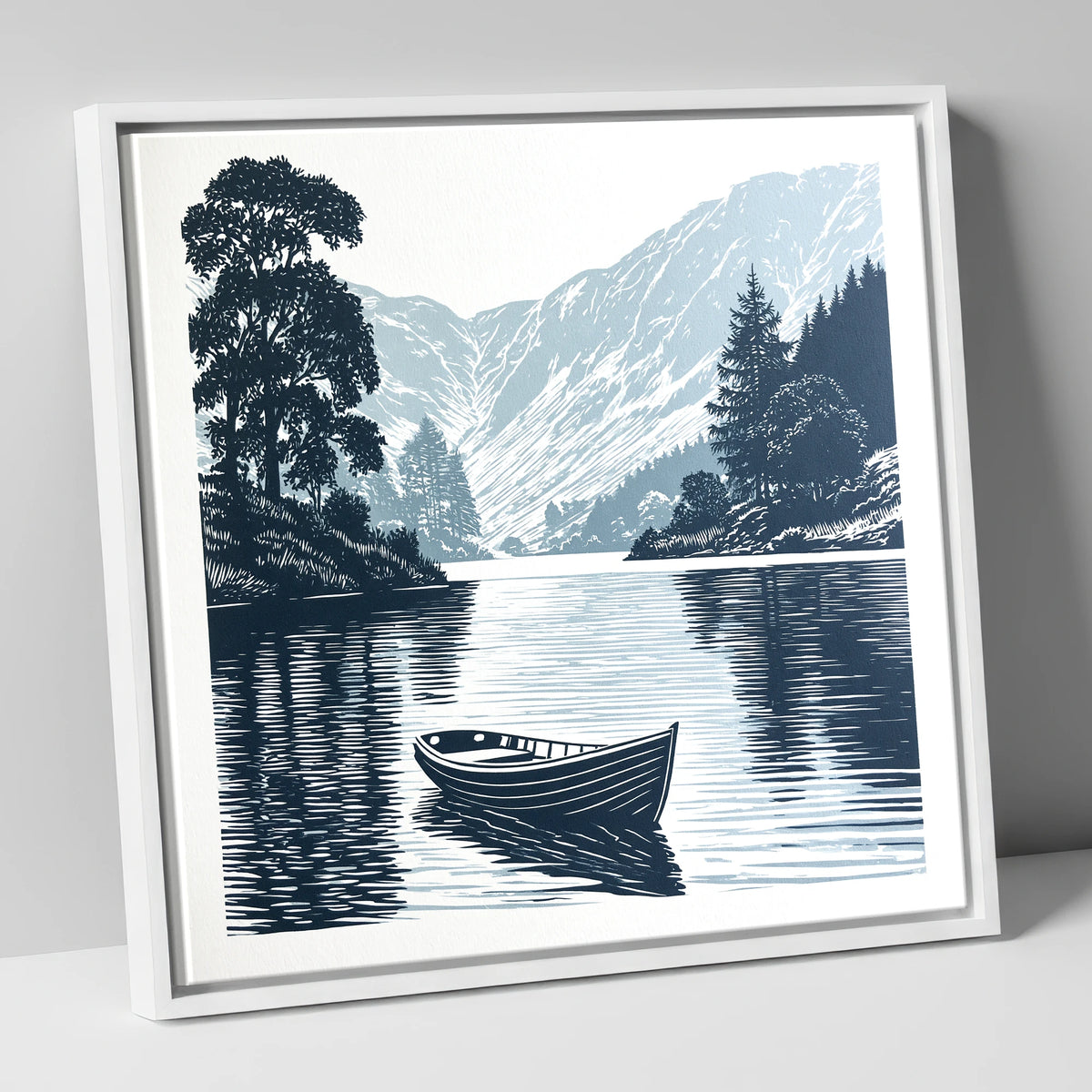Rowing Boat at Blue Dawn lake district lake canvas wall art in white frame