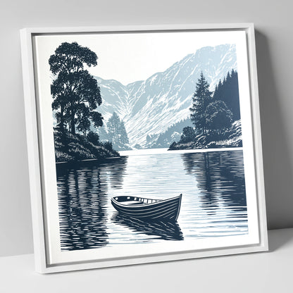 Rowing Boat at Blue Dawn lake district lake canvas wall art in white frame