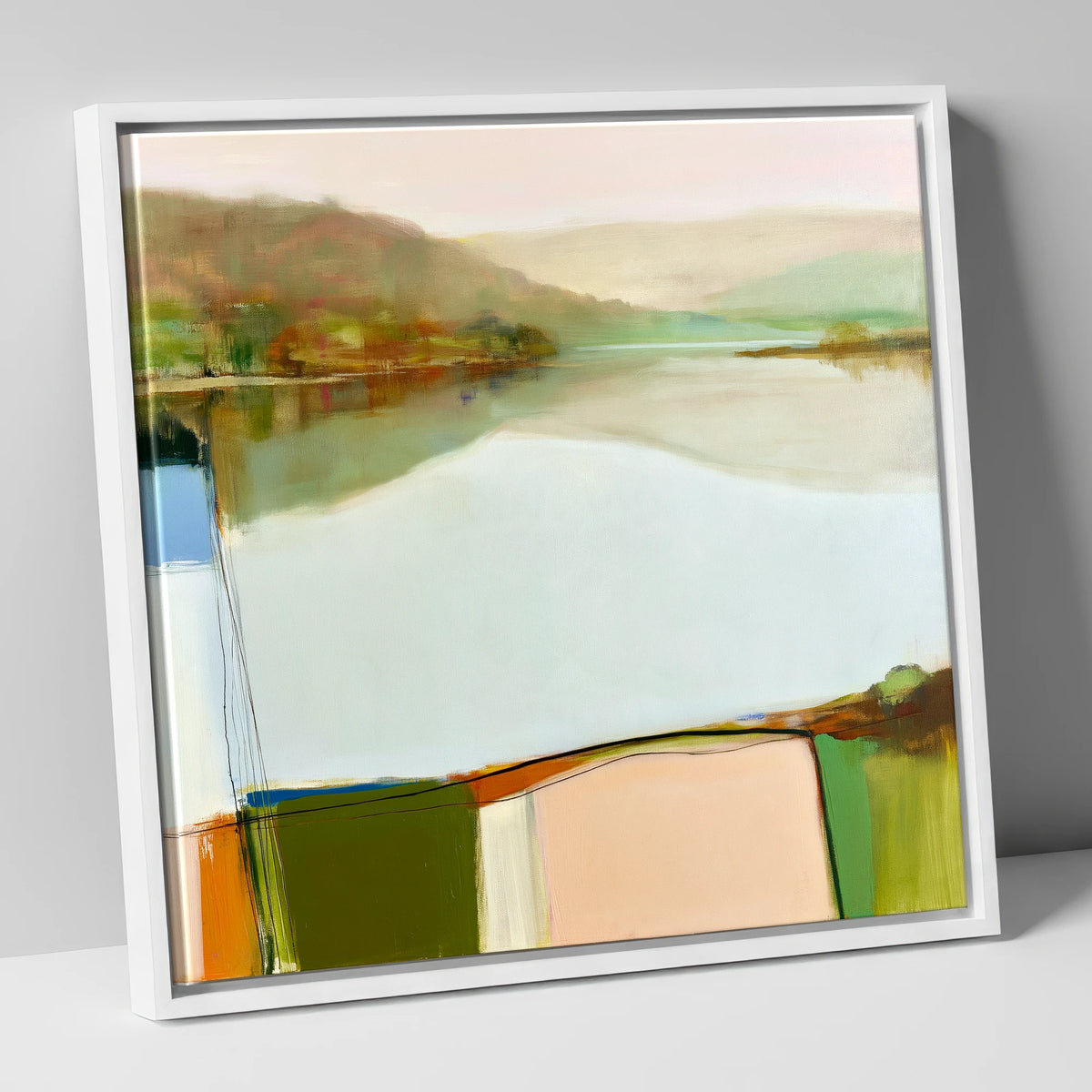 Abstract Calm Lake Reflections lake district lake canvas wall art in white frame