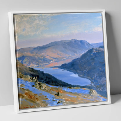 Sunlit Thirlmere from Western Fells lake district lake canvas wall art in white frame