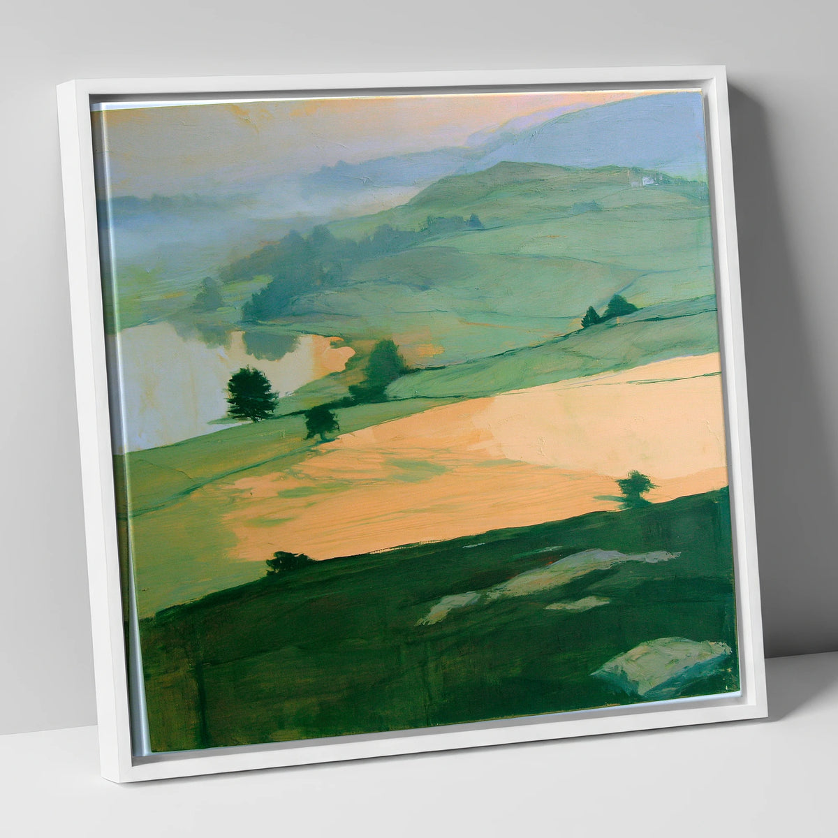 Misty Valley In Apricot Light lake district sky canvas wall art in white frame
