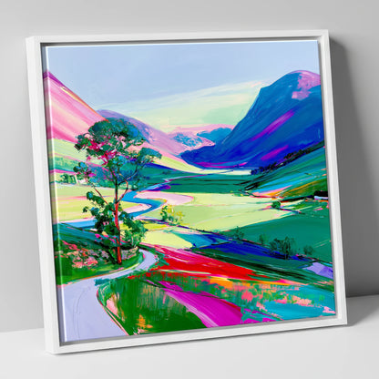 Vibrant Valley Road Beneath Pink Fells lake district valley canvas wall art in white frame