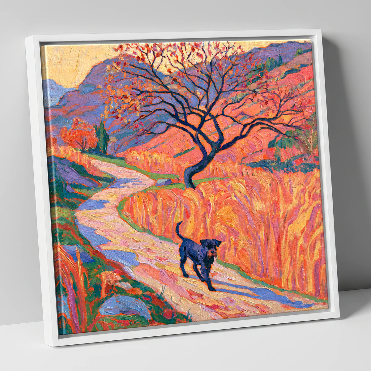 Colourful Patterdale Dog Walk gifts for dog walkers canvas wall art in white frame