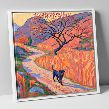 Colourful Patterdale Dog Walk gifts for dog walkers canvas wall art in white frame