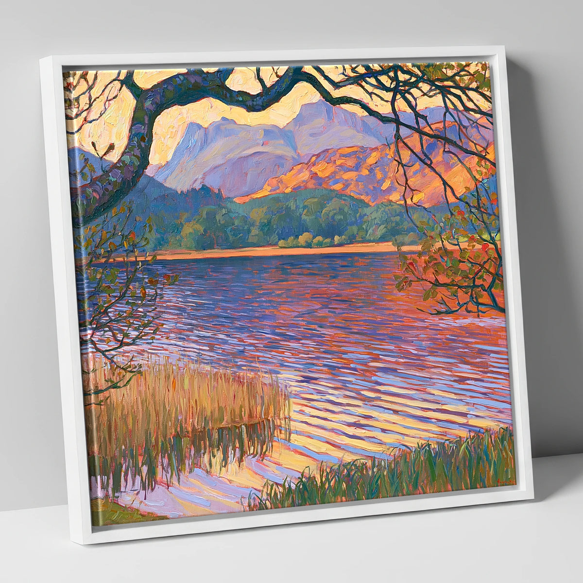 Elterwater Framed by Trees lake district lake canvas wall art in white frame