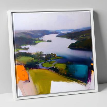 Contemporary Aerial View of Ambleside lake district village canvas wall art in white frame