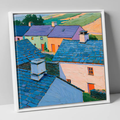 Colourful Slate Roofed Village Cottages lake district village canvas wall art in white frame