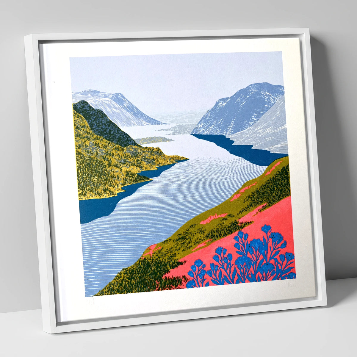 Graphic Lake And Fells In Coral lake district lake canvas wall art in white frame