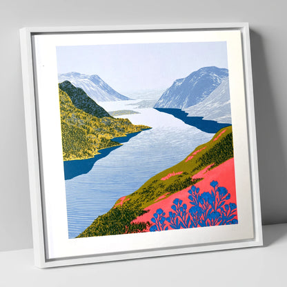 Graphic Lake And Fells In Coral lake district lake canvas wall art in white frame