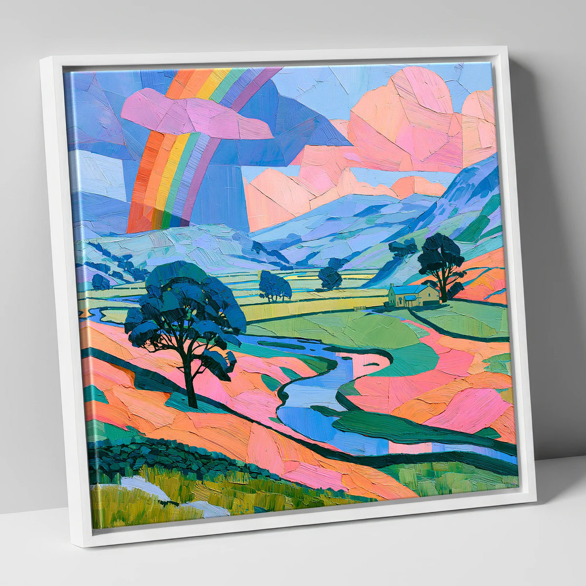 Lakeland Valley Rainbow After Rain lake district sky canvas wall art in white frame