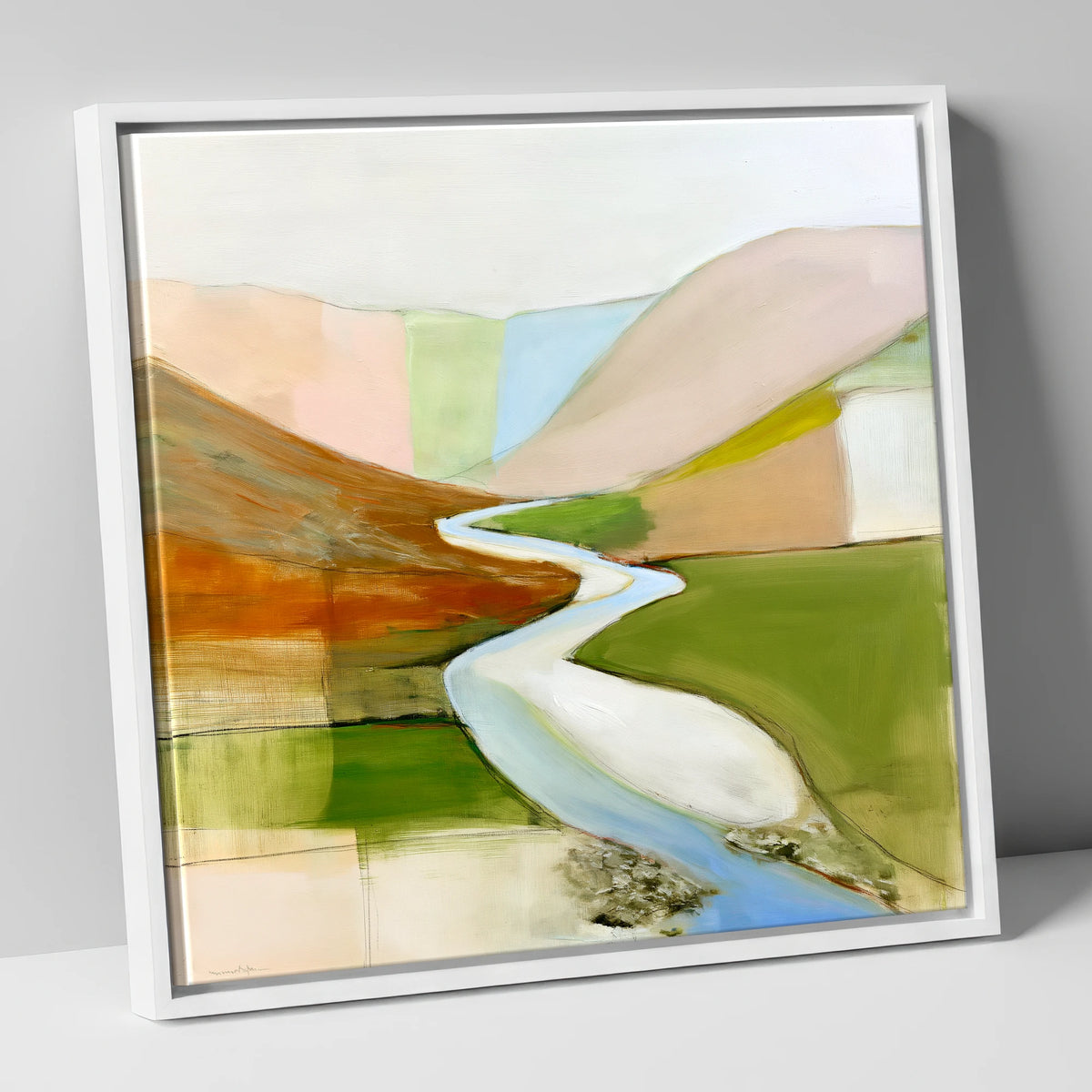 Winding River Through Pastel Fells lake district waterfall canvas wall art in white frame