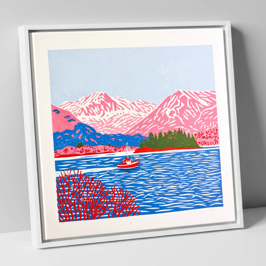 Derwentwater Boat and Pink Fells lake district lake canvas wall art in white frame
