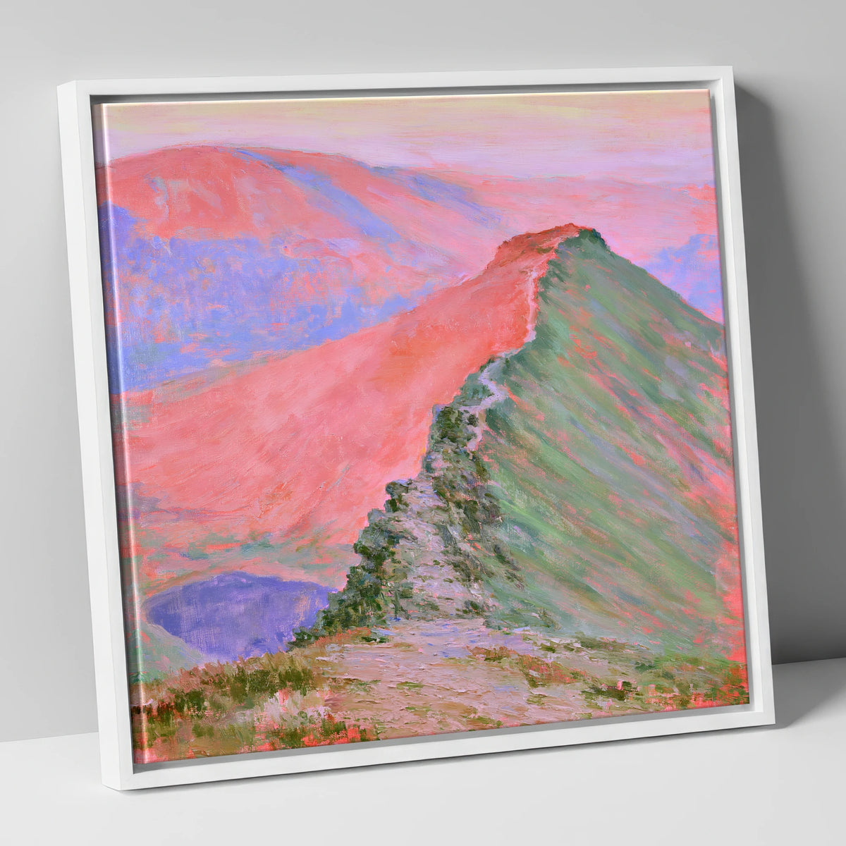 Striding Edge in Sunset Pink lake district walking canvas wall art in white frame
