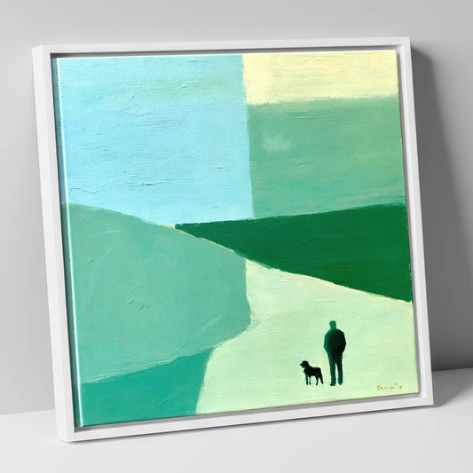 Shepherd and Dog Abstract Fells lake district wildlife canvas wall art in white frame