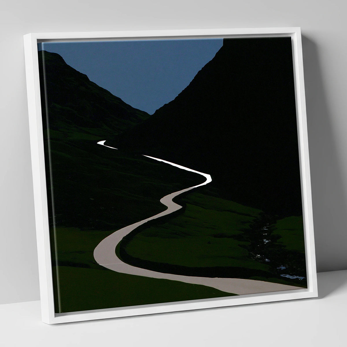Twilight Winding Mountain Pass lake district valley canvas wall art in white frame