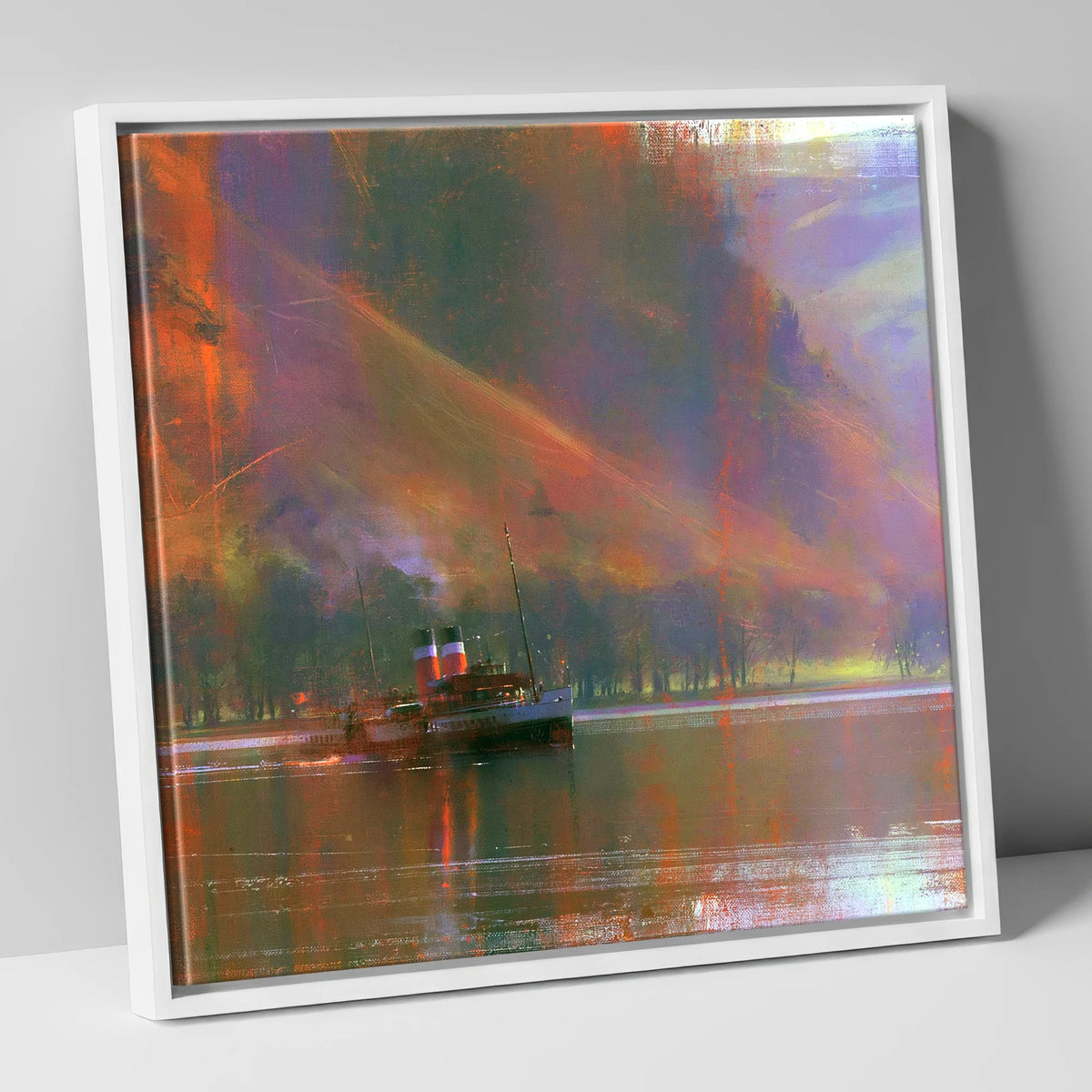Ullswater Steamer Under Radiant Fells lake district lake canvas wall art in white frame