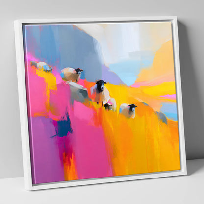 Herdwick Sheep in Fuchsia and Gold lake district wildlife canvas wall art in white frame