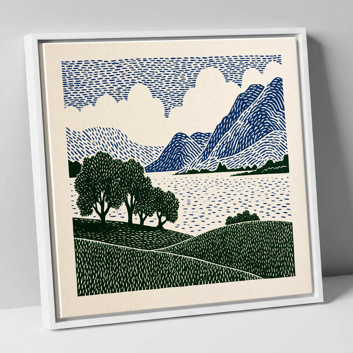 Crummock Water in Navy and Green lake district lake canvas wall art in white frame