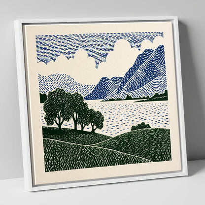 Crummock Water in Navy and Green lake district lake canvas wall art in white frame