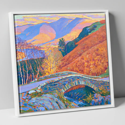 Ashness Bridge in Radiant Autumn lake district waterfall canvas wall art in white frame