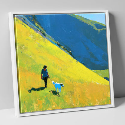 Sunlit Dog Walk on Helvellyn gifts for dog walkers canvas wall art in white frame