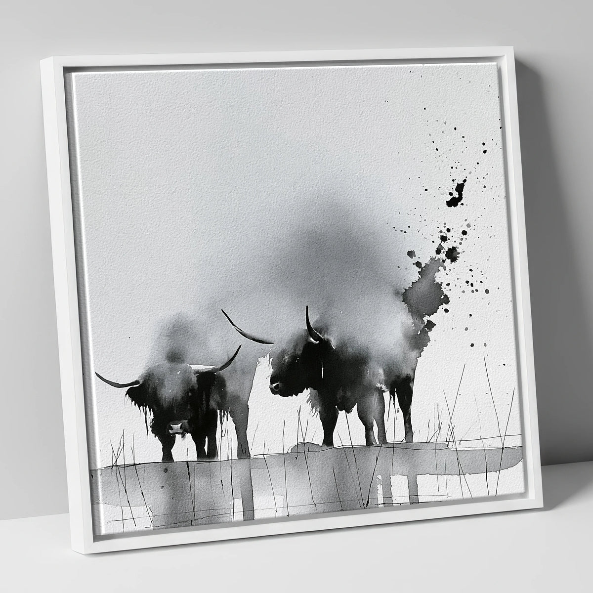Abstract Monochrome Highland Cattle lake district wildlife canvas wall art in white frame