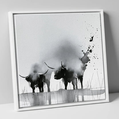 Abstract Monochrome Highland Cattle lake district wildlife canvas wall art in white frame