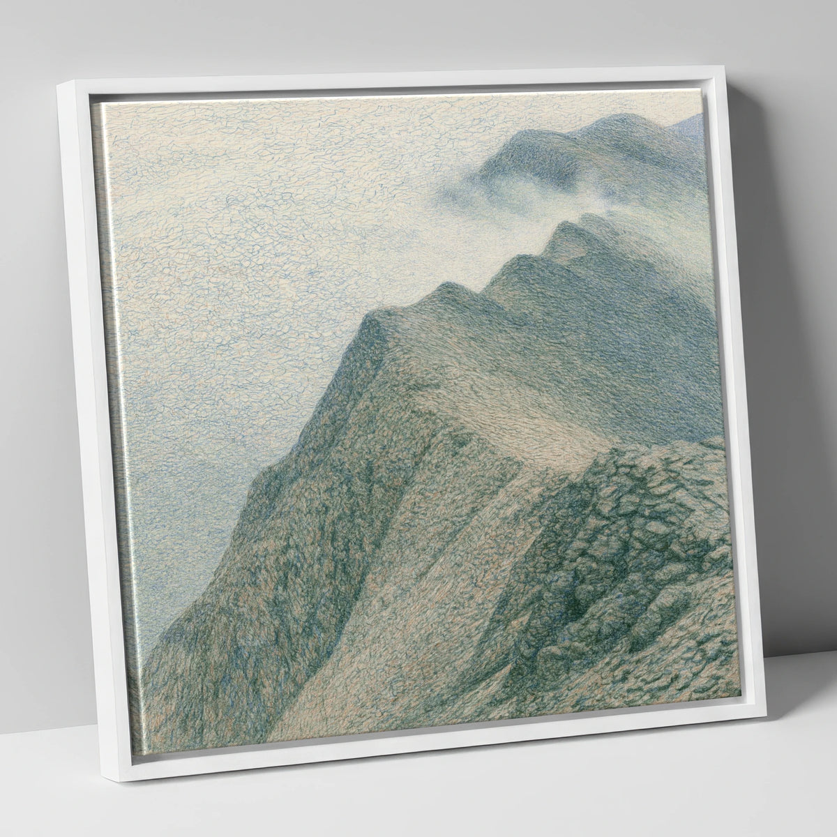 Textured Mountain Ridge in Mist lake district fell canvas wall art in white frame
