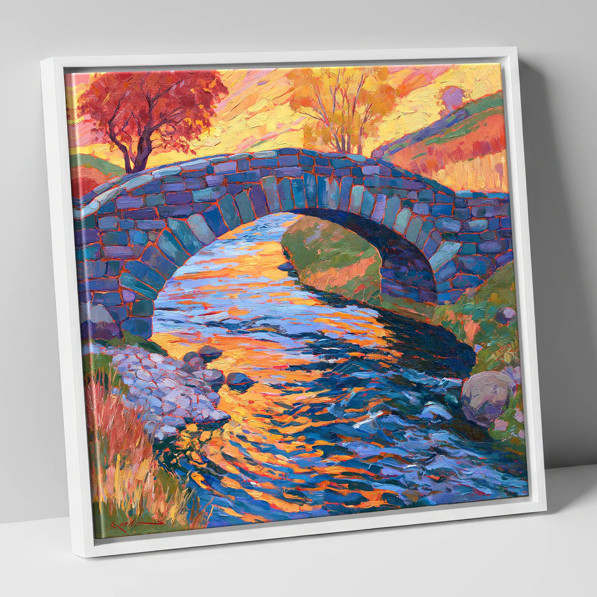 Stone Bridge over a Golden Beck lake district waterfall canvas wall art in white frame