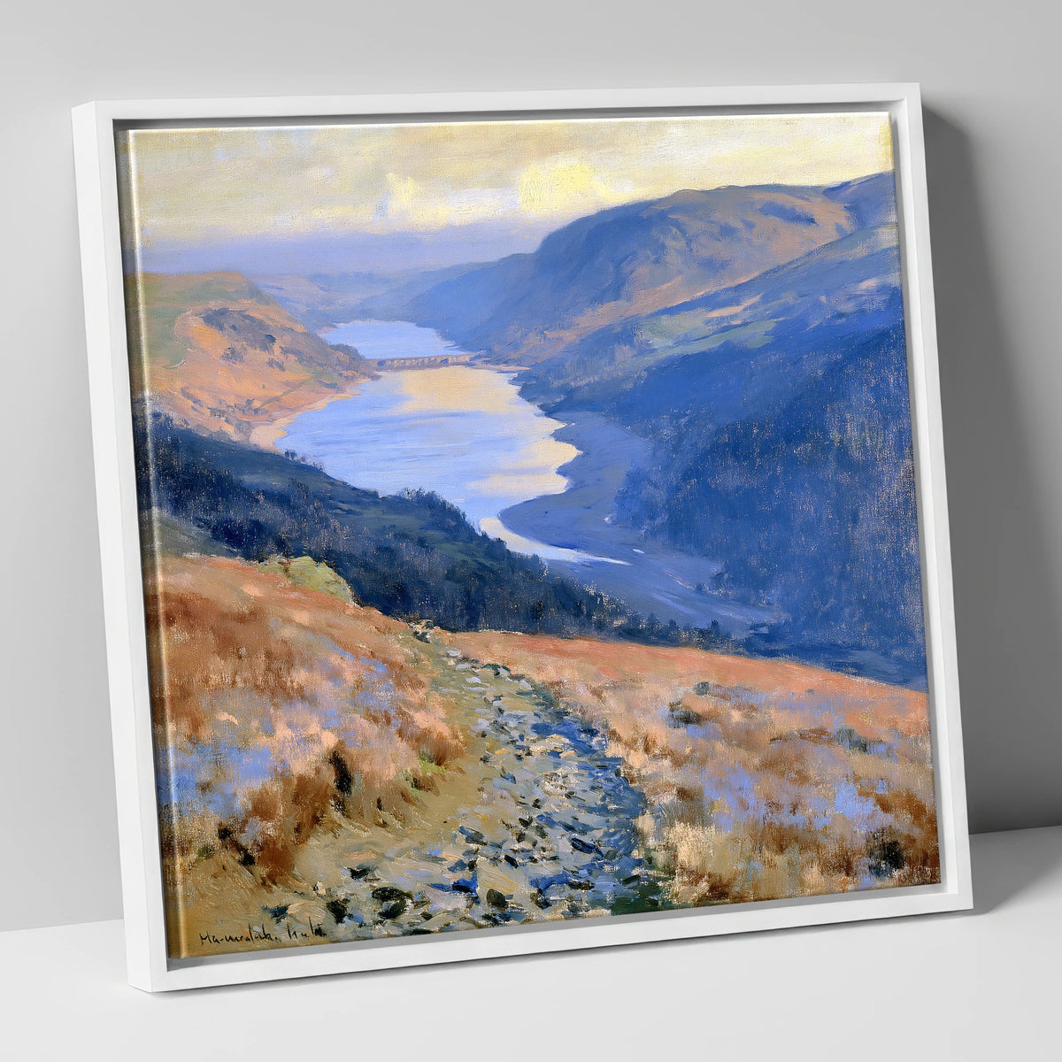 Sunlit Thirlmere from Helvellyn Path lake district lake canvas wall art in white frame
