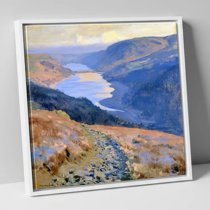 Sunlit Thirlmere from Helvellyn Path lake district lake canvas wall art in white frame