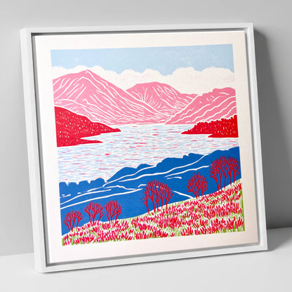 Bold Pink Fells Above Ennerdale lake district valley canvas wall art in white frame