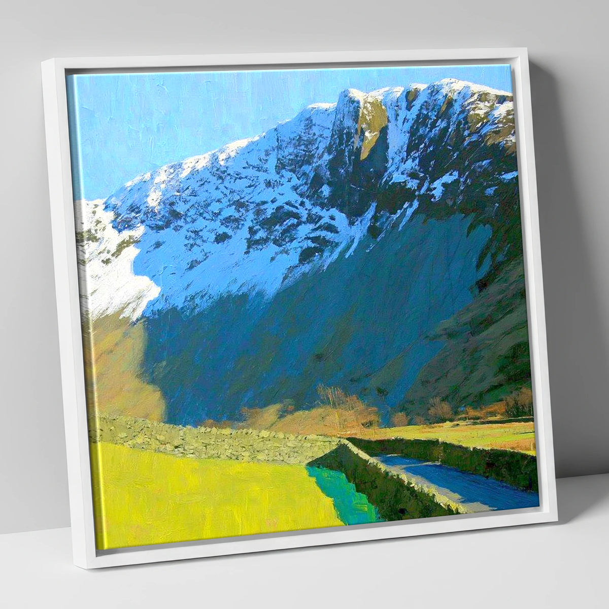 Vibrant Base Brown Snowy Ridge lake district fell canvas wall art in white frame
