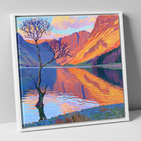 Vibrant Lone Tree at Buttermere lake district lake canvas wall art in white frame